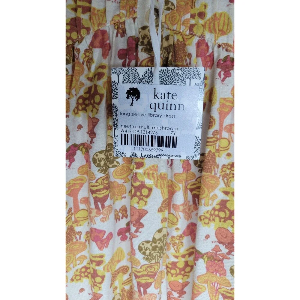 Kate Quinn 7Y Neutral Multi Mushroom Long Sleeve Library Dress NWT Organic Cotto